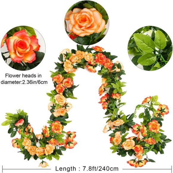 Artificial Rose Vines Flowers Garland Hanging Silk Rose Vine Wedding, Sunset Red - Picture 2 of 6